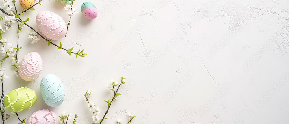 wallpaper with Easter Elements in the corner of the image, top view, with white background, with empty copy space wallpaper with Easter Elements in the corner of the image, top view, with white background, with empty copy space