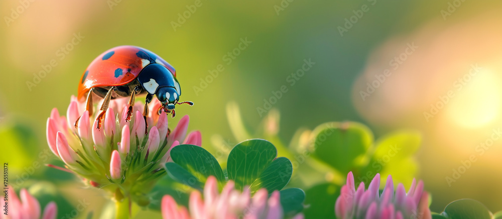 Lady bug on flower, spring background. 