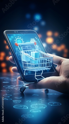 Hand holding smartphone with shopping cart on dark background 3D rendering elements