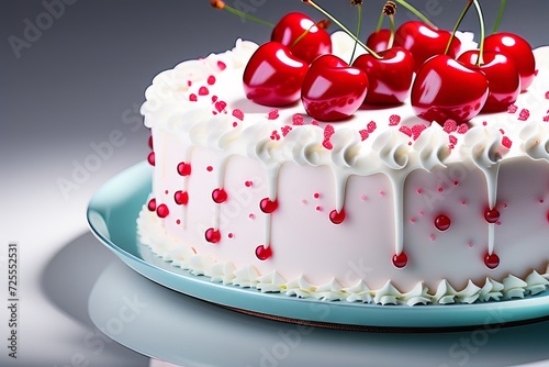 white birthday cake without candles with cherries on a white background