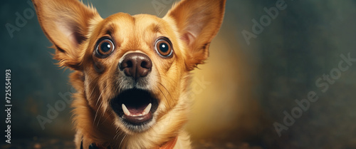 A very surprised dog with wide open eyes and mouth on a yellow background