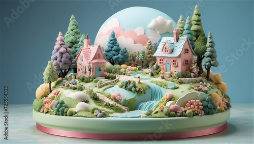 Enchanting Miniature Pastel Village With Waterfall, Trees, and Car Under a Cloudy Sky
