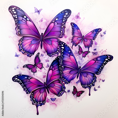 Beautiful wild flowers chamomile, purple wild peas, butterfly nature close-up macro, beautiful purple butterfly isolated, Flying purple butterfly. Watercolor illustration, Generative Ai