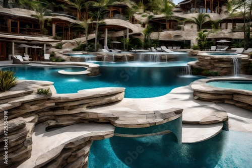 Stone seating next to resort swimming pool