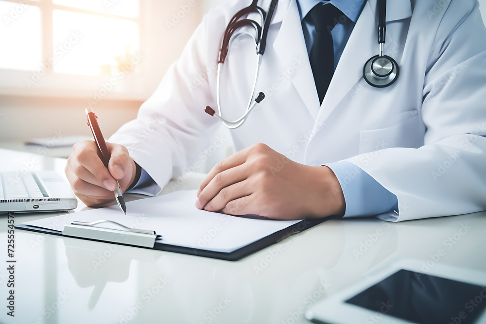 Close-up of female doctor filling up medical form while sitting at the desk Close-up of female doctor filling up medical form while sitting at the desk