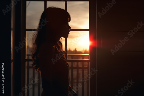 Silhouette of a beautiful young woman at the window at night