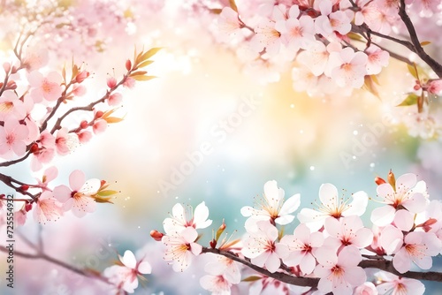 Watercolor Painting Cherry blossoms - Japanese cherry - Sakura floral in soft color over blurred nature background. Spring flower seasonal nature background with bokeh