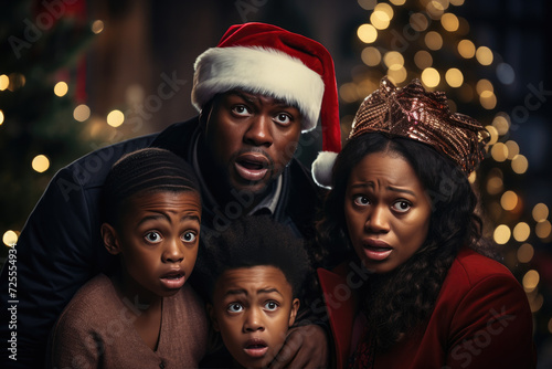Cinematic Christmas Sorrow: African Family with Fur Tree 