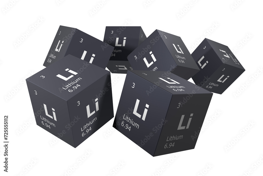 Lithium, 3D rendering of symbols of the elements of the periodic table, atomic number, atomic weight, name and symbol. Education, science and technology. 3D illustration - obrazy, fototapety, plakaty 