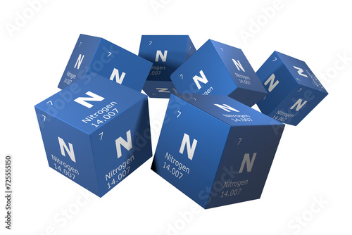 Nitrogen, 3D rendering of symbols of the elements of the periodic table, atomic number, atomic weight, name and symbol. Education, science and technology. 3D illustration