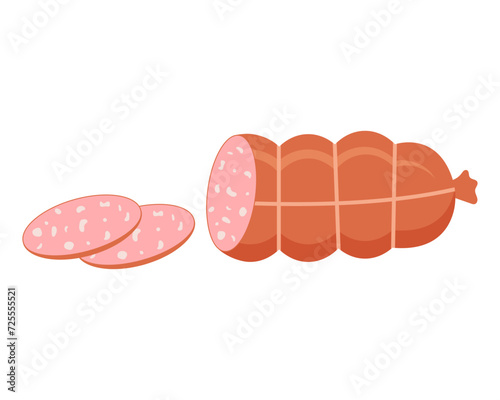 Boiled sausage cut into slices. Food. Vector illustration.