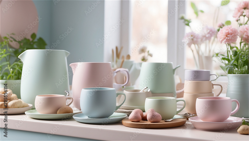 Pastel Kitchenware Display on a Wooden Countertop in a Cozy Modern Kitchen