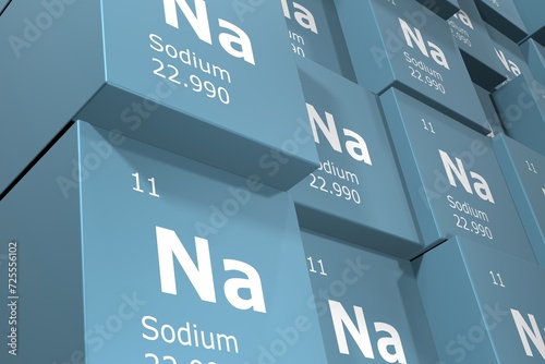 Sodium, 3D rendering background of cubes of symbols of the elements of the periodic table, atomic number, atomic weight, name and symbol. Education, science and technology. 3D illustration photo