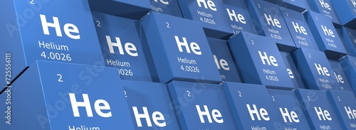 Helium, 3D rendering of cubes of symbols of the elements of the periodic table, atomic number, atomic weight, name and symbol. Education, science and technology. 3D illustration