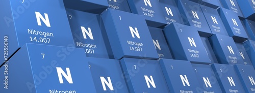 Nitrogen, 3D rendering background of cubes of symbols of the elements of the periodic table, atomic number, atomic weight, name and symbol. Education, science and technology. 3D illustration photo