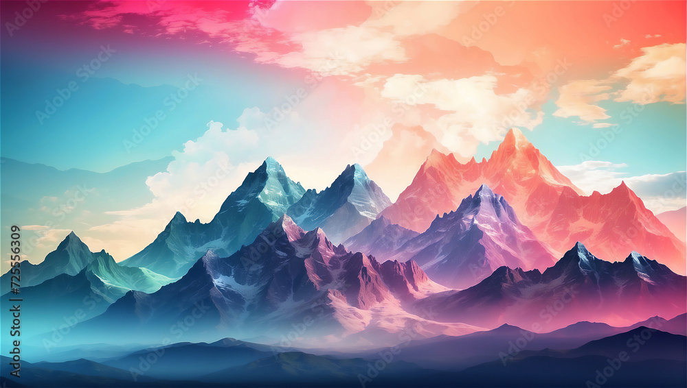 Vibrant Digital Sunset Over Stylized Mountain Range With Pink and Blue Hues