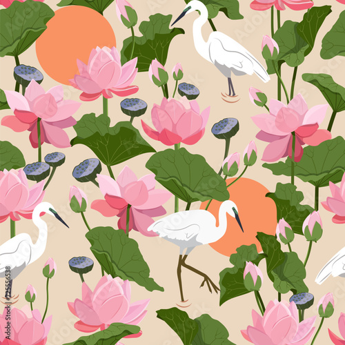 Seamless pattern with heron bird and lotus. Flora and fauna.