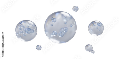 Set of bubbles. Science. 3D water bubble floating on transparent background. Water transparent balloon. 3D Rendering. Render of transparent glass circle liquid object  soap bubble with reflection. PNG