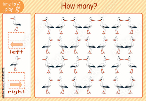 children's educational game, tasks. count how many elements will be placed on the right and how many on the left. stork