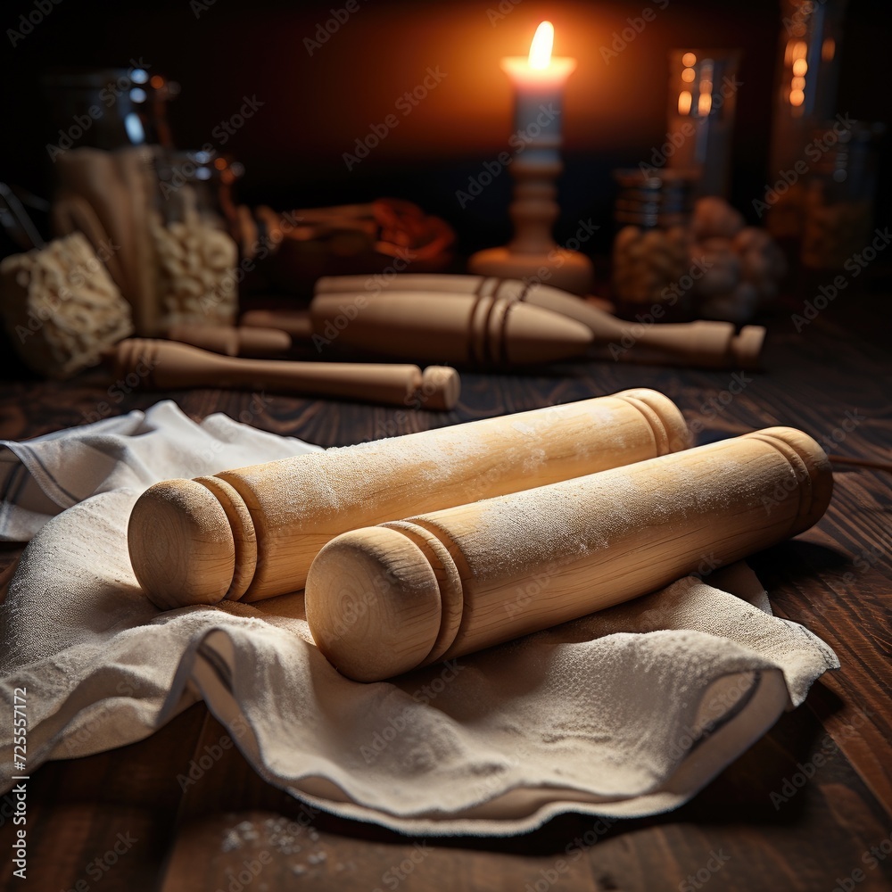 Close up of rolling pin on rolled dough over cutting board at table