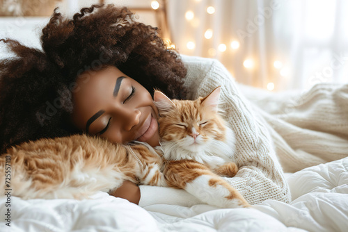 heartwarming embrace, joyful woman snuggling with her ginger cat in cozy, white bed, sharing moment of affection and comfort, pets lover owner.