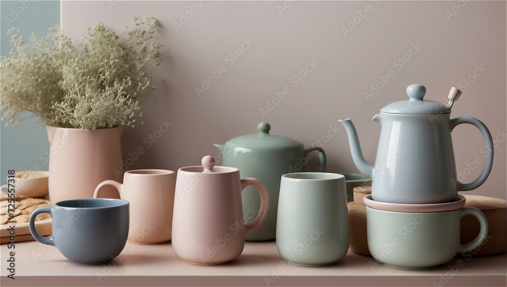 Pastel Kitchenware Display on a Wooden Countertop in a Cozy Modern Kitchen Pastel Kitchenware Display on a Wooden Countertop in a Cozy Modern Kitchen