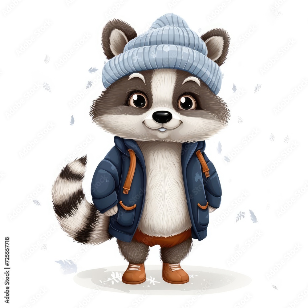 Fototapeta premium Illustration of a cute raccoon wearing a knitted hat, scarf and jacket on a white background.