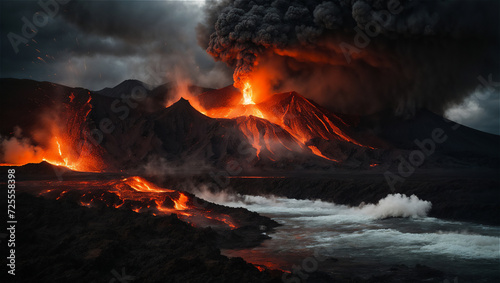 Majestic Volcanic Eruption Captured at Dusk With Lava Flowing and Ash Plume