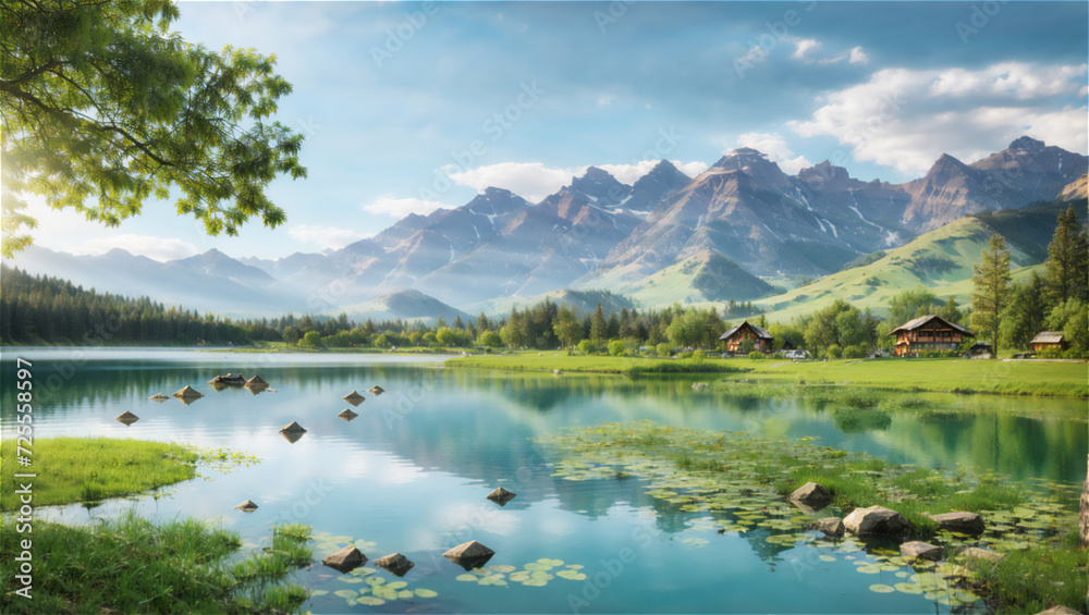 Serene Mountain Lake Landscape With Rustic Cabins and Lush Greenery on a Sunny Day
