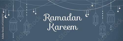 Banner line style for Ramadan Kareem. On a dark colored background with lanterns  stars  a month and calligraphy. Simple vector illustration