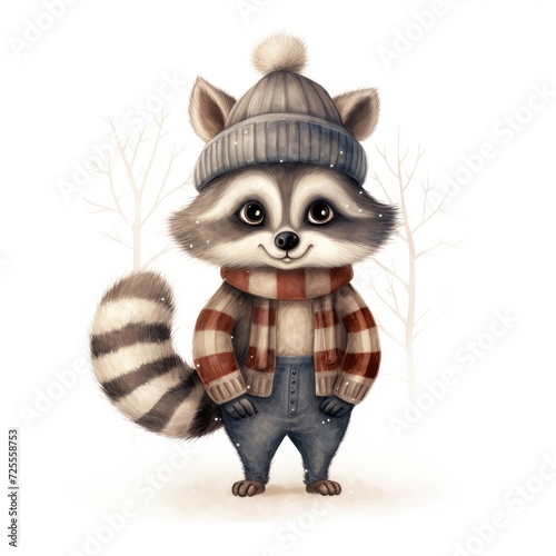 Illustration of a cute raccoon wearing a knitted hat, scarf and jacket on a white background. © nafanya241