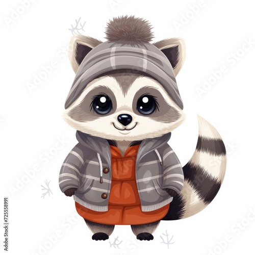 Illustration of a cute raccoon wearing a knitted hat, scarf and jacket on a white background. © nafanya241