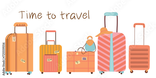 Various luggage bags, suitcases, baggage, travel bags. Vacation, travel, holiday concept. Hand drawn Vector set. Colorful trendy illustration. Cartoon style. Flat design. All elements are isolated
