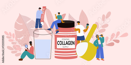 Collagen powder power for people of all ages and lifestyles.  Extra protein intake. Natural beauty and health supplement for skin, bones, joints and gut. Plant or fish based.  photo