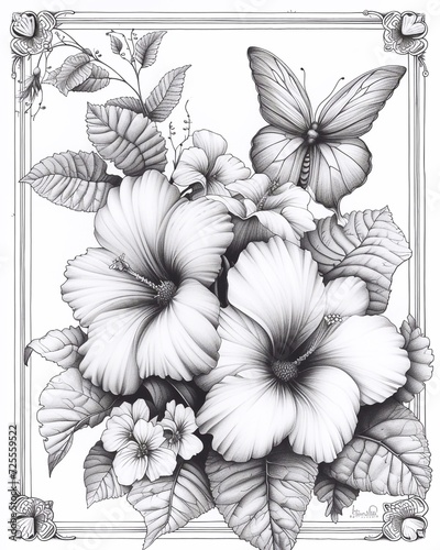a square frame of flowers and butterflies for coloring book black and white 