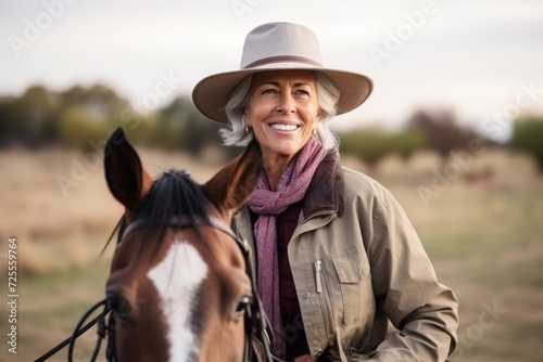 Portrait of a smiling senior woman with her horse in the countryside