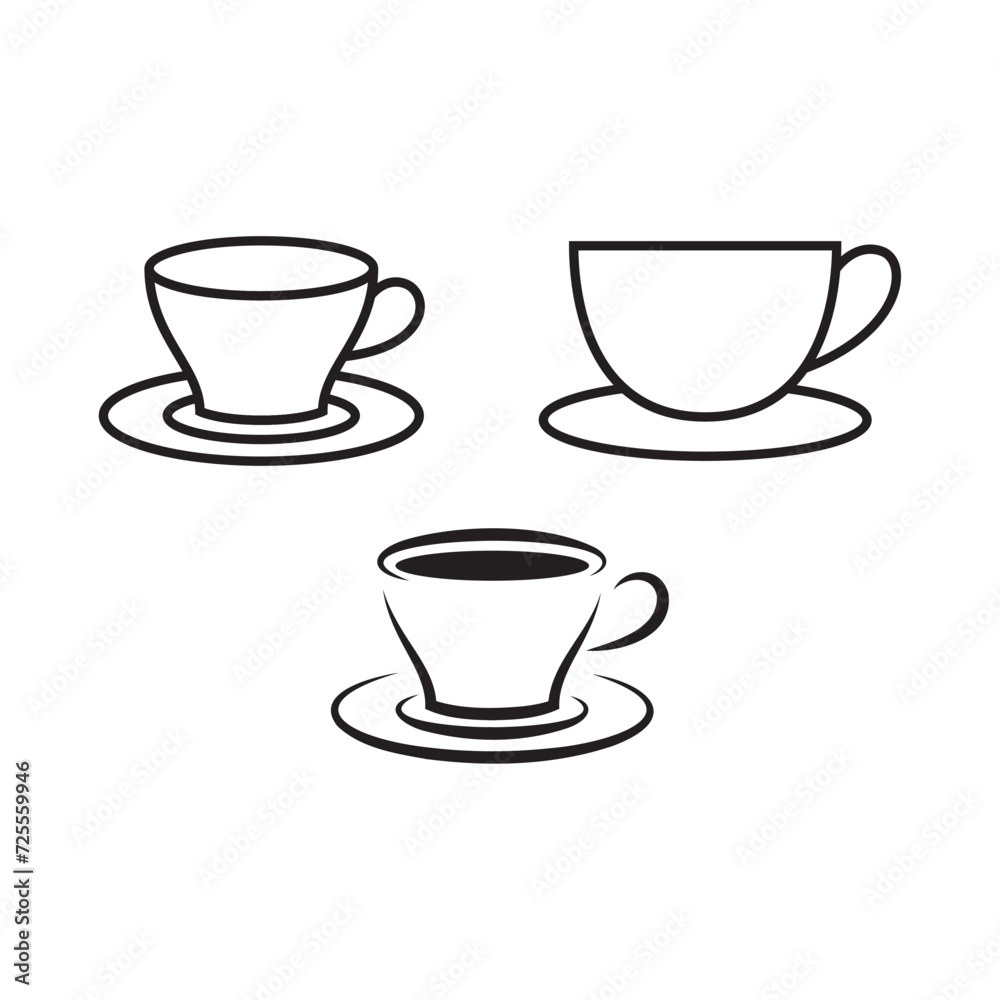 Tea cup vector icon set. Hot herbal green tea symbol in black color. Coffee cup line sign. Tea cup vector icon set. Hot herbal green tea symbol in black color. Coffee cup line sign.