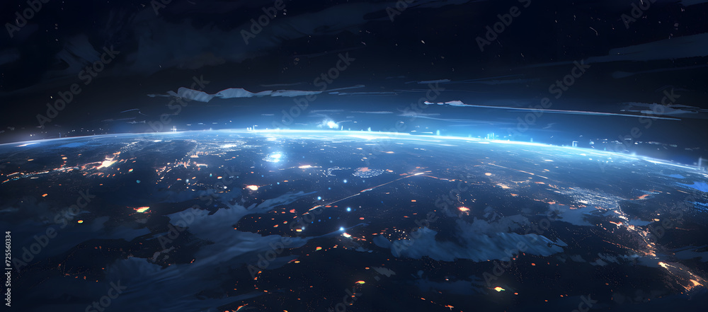 Earth shot from space, displaying shining lights, stars, and a dark blue galaxy in a panoramic view. The image captures the beauty of our planet and its atmospheric urbanscapes from a cosmic perspecti