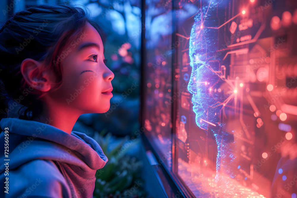 A young child enchanted by a sparkling AI hologram display, showcasing the wonder of future tech.
 - obrazy, fototapety, plakaty 