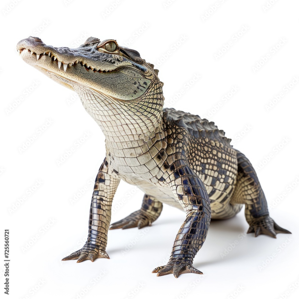 Obraz premium Nile Crocodile standing side view isolated on white background, photo realistic.