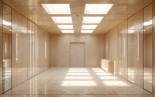 Elegant walk-in closet with organized clothes, natural light, modern design, and luxurious decor.