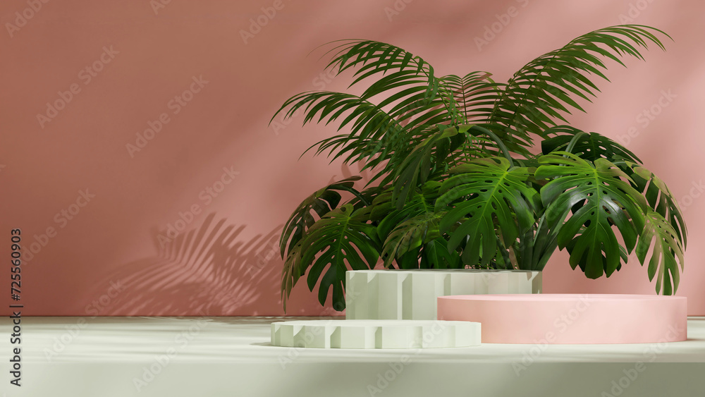 blank mockup sage green and pink podium in landscape palm and monstera plant, 3d image render
