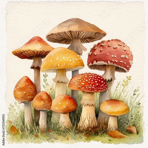 water color mushrooms in earthy colors in different shades 