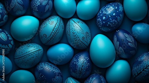 Trendy background made of various blue Easter eggs