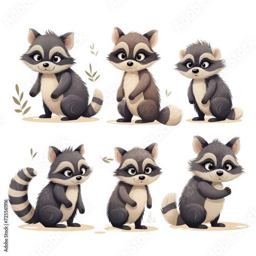 Set of cute raccoons on a white background