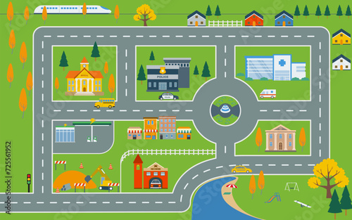 Lovely city, City map, map, cityscape  vector illustration, design elements with road, park, transport,  buildings, for kids play mat.