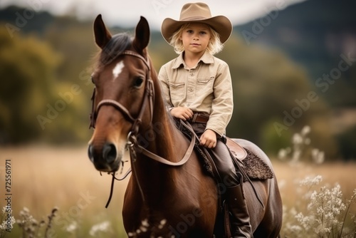 Cute little girl in cowboy hat on horseback in the field © Nerea