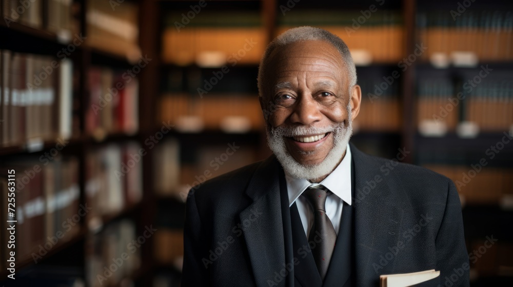 A passionate civil rights lawyer in a legal library smiles contentedly. A passionate civil rights lawyer in a legal library smiles contentedly.