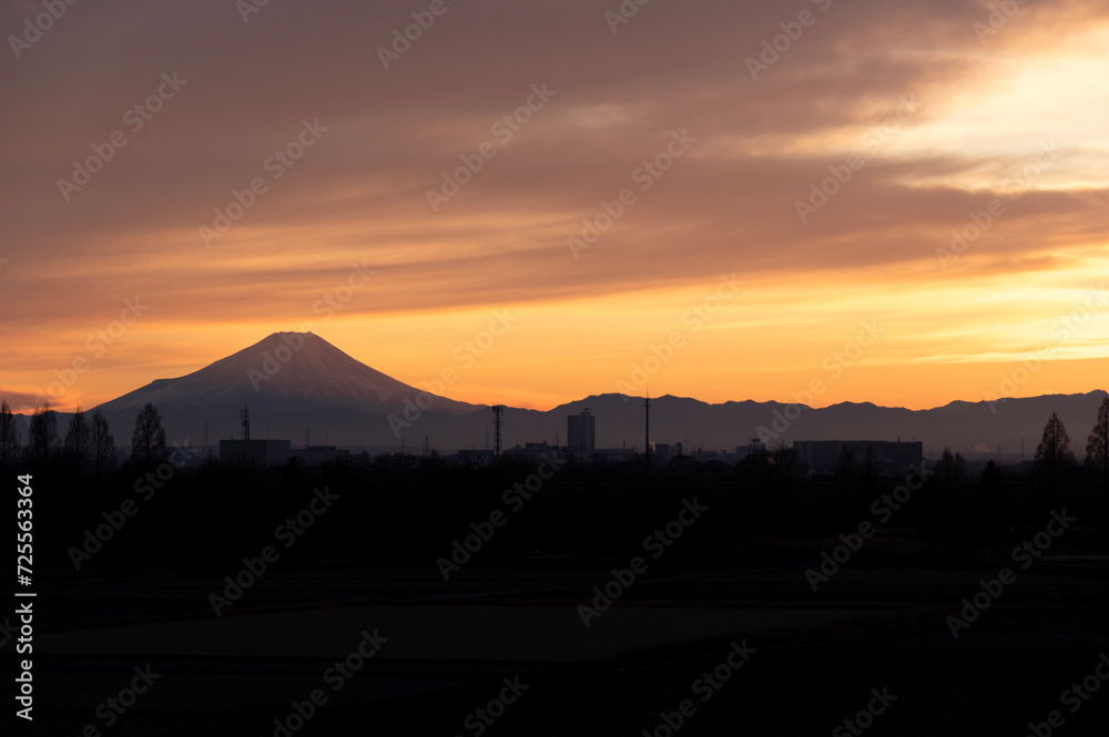 Obraz premium さいたま市の土手から望む夕日の染まる富士山