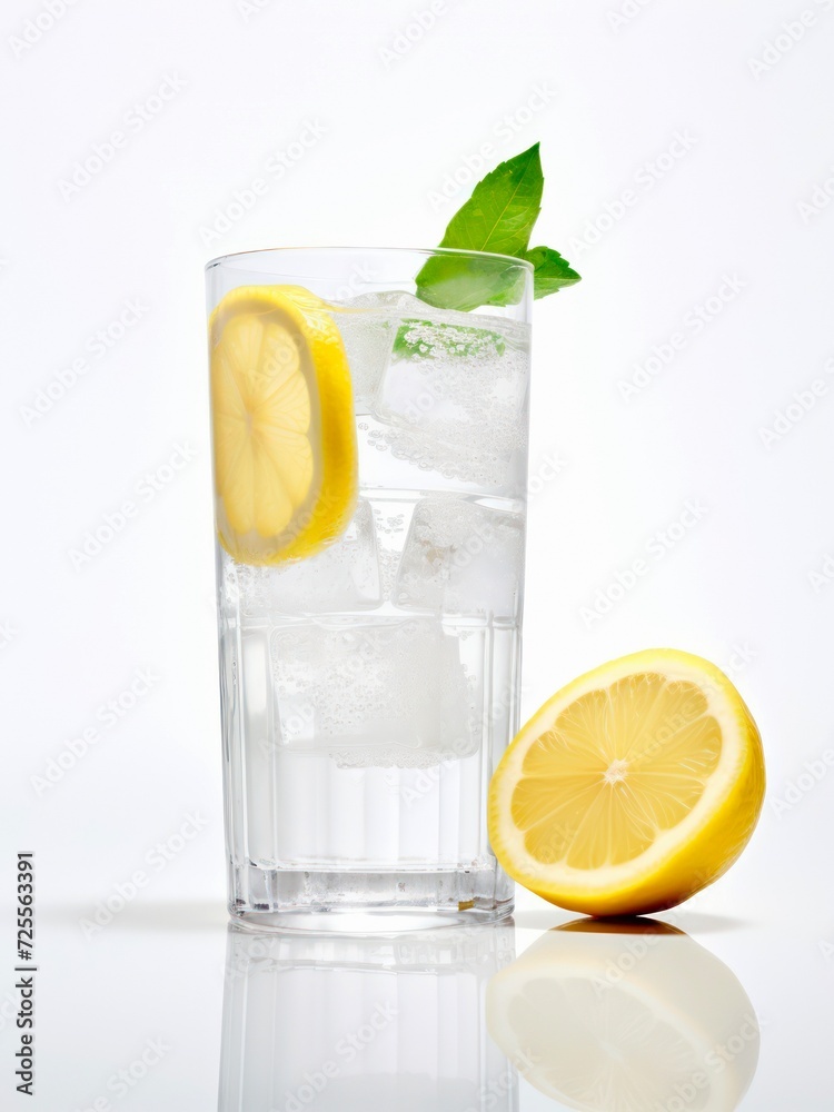 Glass of water with ice and lemon on white background. Glass of water with ice and lemon on white background.
